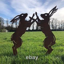 Large Rusty Metal Boxing Fighting Hares Garden Feature Ornament Decoration
