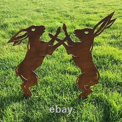 Large Rusty Metal Boxing Fighting Hares Garden Feature Ornament Decoration