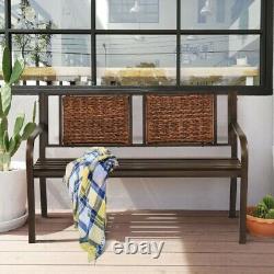 Metal Garden Bench with Rattan Styling Backrest