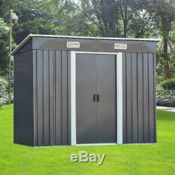 Metal Garden Shed Outdoor Storage House Pent Roof Sliding Door 8x4FT with Base