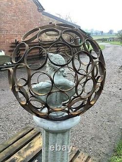 Metal Rusty Garden Modern Art Open Sphere With Stone Apollo Bust Ornament Steel
