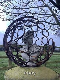 Metal Rusty Garden Modern Art Open Sphere With Stone Apollo Bust Ornament Steel