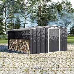 NEW 8x8ft Metal Garden Shed Tools Storage Apex Roof with Log Store Wood Firewood