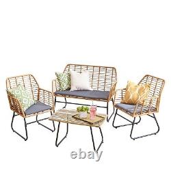 Neo Garden Furniture Wicker Bamboo Style Cane Chair Table Rattan Cushion 4 Piece