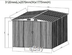 New Metal Garden Shed, 8X10FT Storage with 2 Sliding Doors Apex Roof FREE BASE