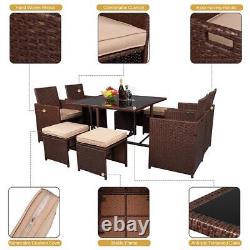 OUTVITA 9 Pcs Rattan Dining Set withSofa Coffee Table Footstool Garden Furniture