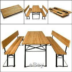 Outdoor Folding Trestle Table Bench Set with Backrest Wooden Garden Furniture
