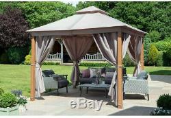 Outdoor Gazebo Shelter Garden Canopy Tent Aluminium Frame Wooden Look, LED Light