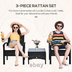 Outsunny 3PC Garden Rattan Bistro Set Balcony Dining Table 2 Seater Chair Black