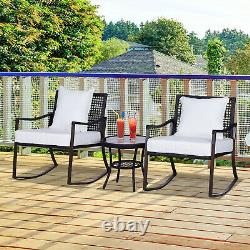 Outsunny 3PC Rattan Bistro Set Garden Wicker Rocking Chair Coffee Table Cushions