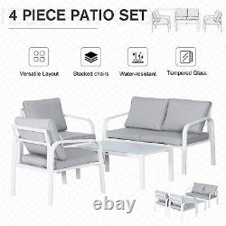 Outsunny 4pcs Garden Loveseat Chairs Table Furniture Aluminum with Cushion, White