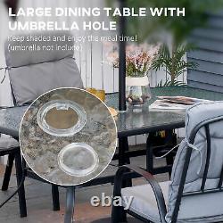 Outsunny 7 PCs Garden Dining Set, Glass Table with Umbrella Hole & Cushion, Black