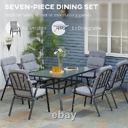 Outsunny 7 PCs Garden Dining Set, Glass Table with Umbrella Hole & Cushion, Black