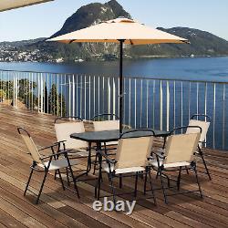 Outsunny 8 Pieces Dining Set Furniture Foldable Chair Table Parasol Beige Garden