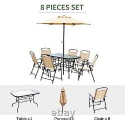 Outsunny 8 Pieces Dining Set Furniture Foldable Chair Table Parasol Beige Garden