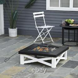 Outsunny 86cm Square Garden Fire Pit Square Table with Poker Mesh Cover Log Grate