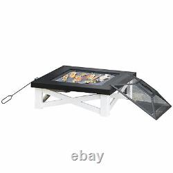 Outsunny 86cm Square Garden Fire Pit Square Table with Poker Mesh Cover Log Grate