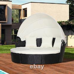 Outsunny Garden Cushioned Outdoor Rattan Round Sofa Bed Table Set Hammock Black