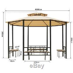 Outsunny Garden Octagon Metal Gazebo Canopy Tent Steel 2-Tier Roof with Benches