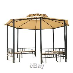 Outsunny Garden Octagon Metal Gazebo Canopy Tent Steel 2-Tier Roof with Benches