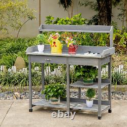 Outsunny Garden Potting Table Workstation with Metal Tabletop, Drawer, Shelves