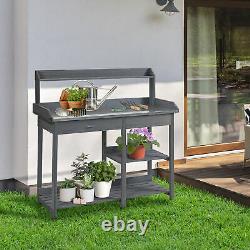 Outsunny Garden Potting Table Workstation with Metal Tabletop, Drawer, Shelves