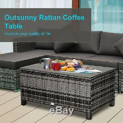 Outsunny PE Wicker Rattan Garden Coffee Table with Glass Top Steel Frame Garden