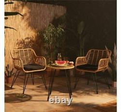 Rattan 3 Piece Bistro Set Table Two Chairs With Cushions Garden Patio Balcony