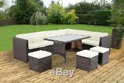 Rattan Garden Furniture Corner Set Dining Table Brown Grey 9 Seater Outdoor