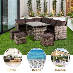 Rattan Garden Furniture Corner Sofa Dining Table Set Stools Bench Grey 9 Seat UK