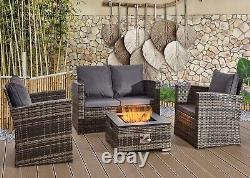 Rattan Garden Furniture Sofa Set With Gas Firepit Table 2 Arms Chairs & 2 Seater