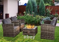 Rattan Garden Furniture Sofa Set With Gas Firepit Table 2 Arms Chairs & 2 Seater