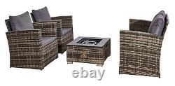 Rattan Garden Furniture Sofa Set With Gas Firepit Table 2 Arms Chairs & 2 Seater