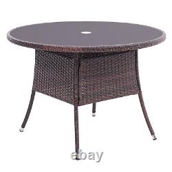 Rattan Weave Effect Garden Bistro Patio Round Glass Table with ParasolHole Brown