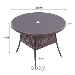 Rattan Weave Effect Garden Bistro Patio Round Glass Table with ParasolHole Brown