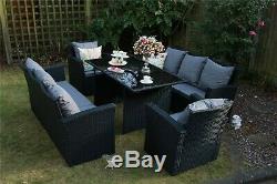 Rosen 8 Seater Rattan Dining Table Sofa Set Outdoor Black Garden Furniture