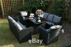Rosen 8 Seater Rattan Dining Table Sofa Set Outdoor Black Garden Furniture