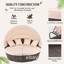 Round Garden Daybed with Canopy 4 Piece Sectional Sofa Set with 4 Chairs Tan