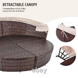 Round Garden Daybed with Canopy 4 Piece Sectional Sofa Set with 4 Chairs Tan