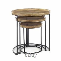 Round solid wood nest of 3 tables side end lamp table