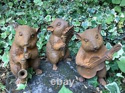 Set Of 3 Metal Rusty Cast Iron Musical Hamsters Statue Garden Ornaments