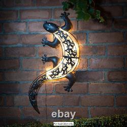 Solar Powered Bright LED Light Metal Gecko Garden Ornaments Decoration Wall Art