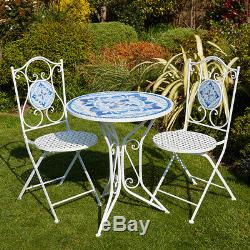 White Blue Mosaic Bistro Set Outdoor Patio Garden Table and 2 Chairs Metal Frame