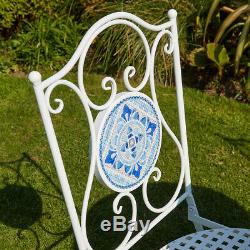 White Blue Mosaic Bistro Set Outdoor Patio Garden Table and 2 Chairs Metal Frame