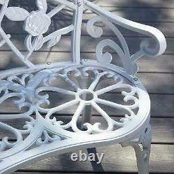White Cast Iron Garden Bench Metal Frame 2 Seater Patio Chair Outdoor Seating