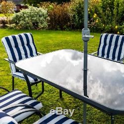 Wido 8 PIECE OUTDOOR GARDEN FURNITURE SET PADDED CUSHIONS CHAIR TABLE & PARASOL