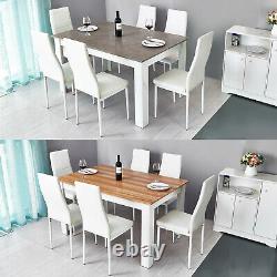 Wooden Dining Table Set Oak with 6 White Faux Leather Chairs Kitchen Furniture