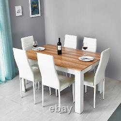 Wooden Dining Table Set Oak with 6 White Faux Leather Chairs Kitchen Furniture