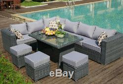 Yakoe Papaver 9 Seater Rattan Garden Furniture Corner Sofa Patio Dining Set Grey