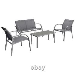 4 Seater Metal Garden Canapé Set Verre Top Extérieur Patio Chaises De Table De Café Gris